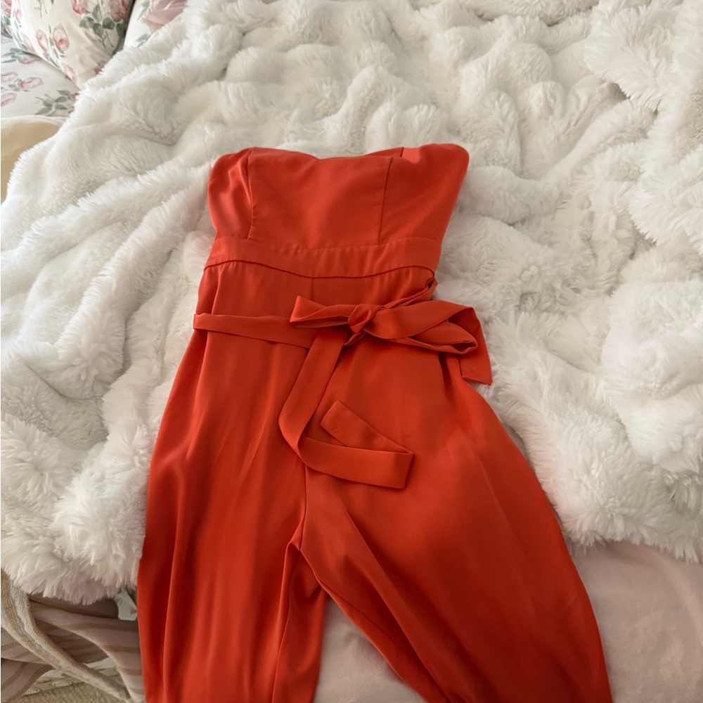 NBD Strapless Red-Orange Jumpsuit with Self Tie Waist